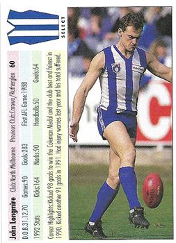 1993 Select AFL #60 John Longmire Back